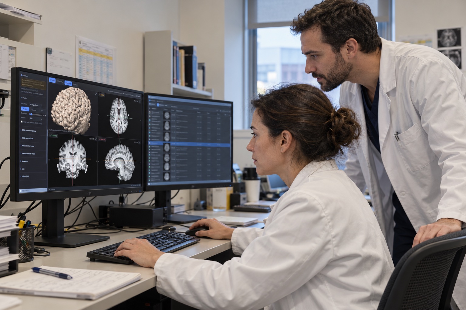 AI-generated illustration of two doctors reviewing mri-preread at a two-monitor workstation in an ordinary clinic
